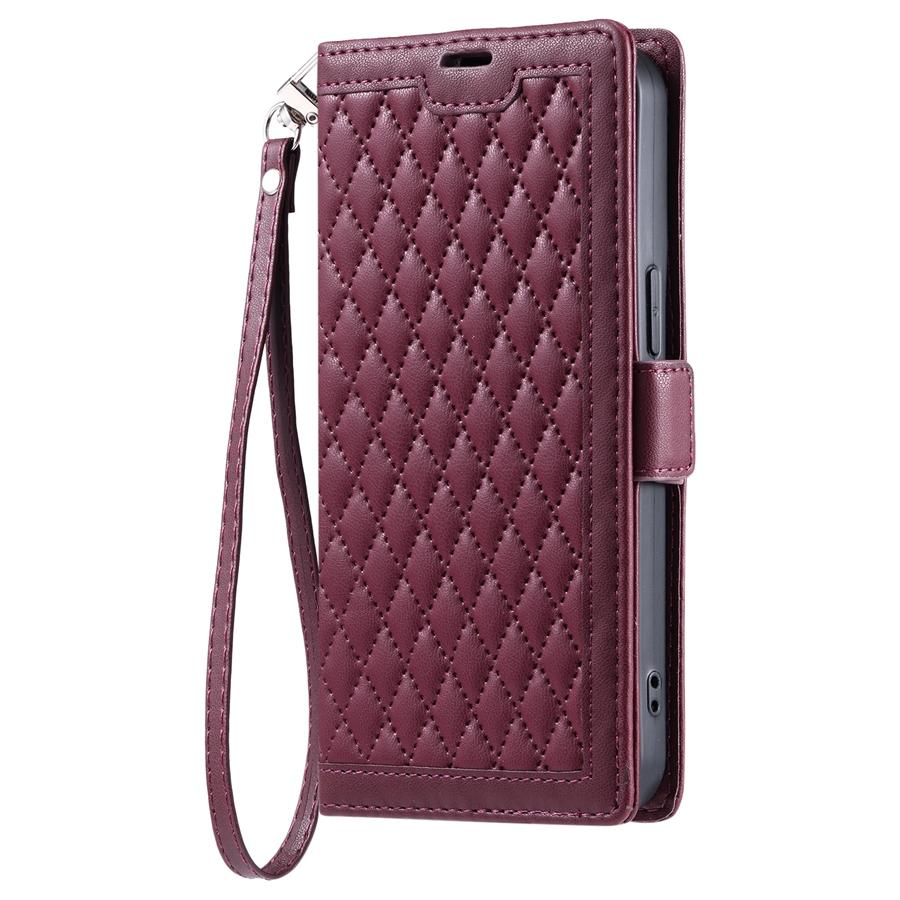 Mote preget rutete PU-lær flip-deksel for Xiaomi/Redmi/OPPO/VIVO/Huawei/Honor Lommebok Kortspor Håndleddsreim Telefondeksel for kvinner