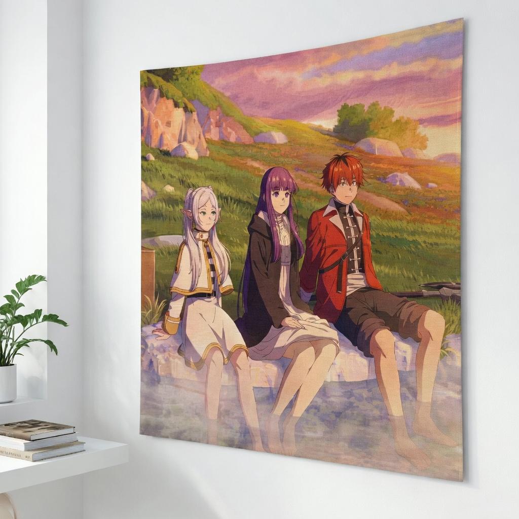 Anime Tapestry Wall Hanging Aesthetic Room Decor Fantasy Trio Meadow Sunset Art Cloth Backdrop Manga Inspired Cool Gifts