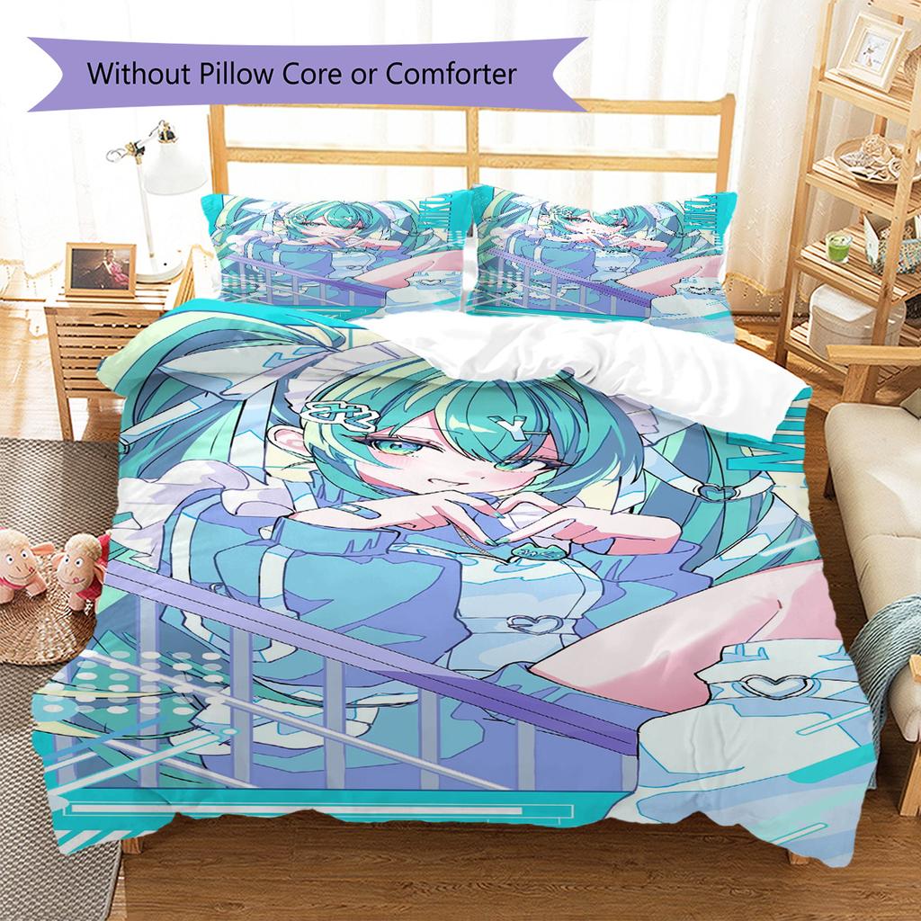 Anime Miku Pattern Bedding Set Quilt Cover Pillowcase Home Decor Gift (1 * duvet cover + 2 * pillowcase, without core)