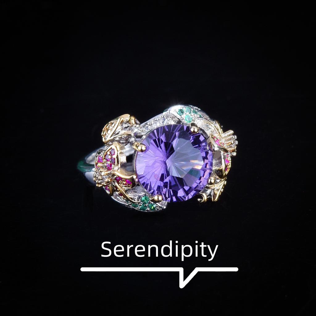 Two-color Gold Craft Handmade Inlaid Fireworks Cut Purple Diamond Ring, Colorful Flower Opening Colored Treasure Ring