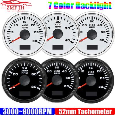 2" 52mm Tachometer 7 Color Light 3000,4000,6000,7000,8000 RPM Meter Hourmeter for Marine Boat Car 12V24V Waterproof IP67