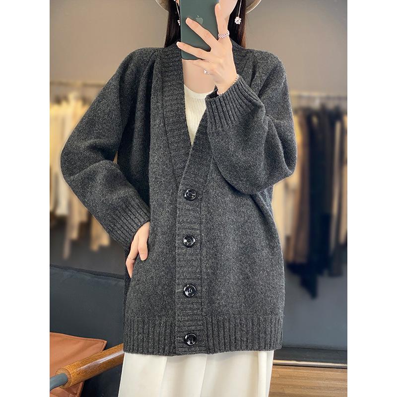 Kaschmir-Cardigan mit V-Ausschnitt im koreanischen Stil: Lässig, Pendlertauglich, Vielseitig, Einfach geknöpfter Strickmantel.