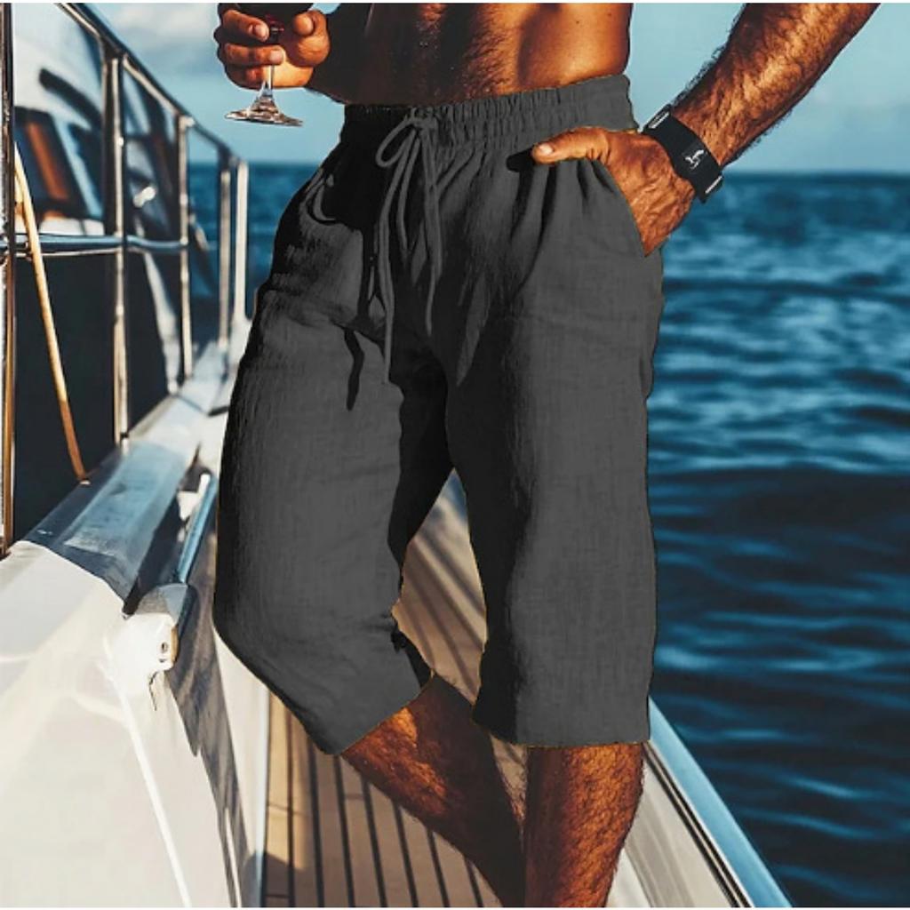 Men's -color Casual Cotton And Linen Loose-fitting Seven-inch Shorts