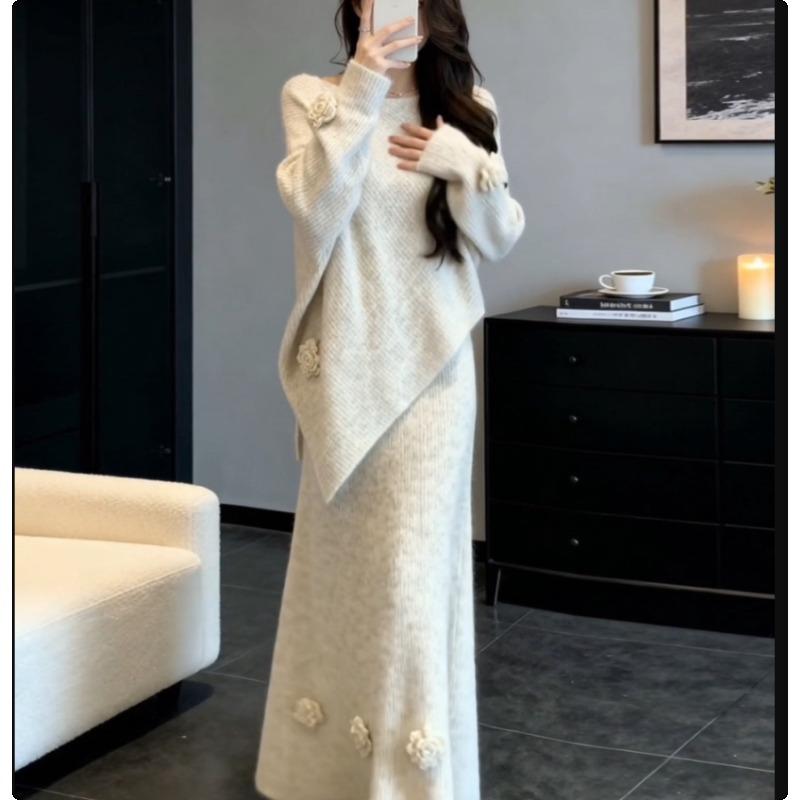 Women's 3D Floral Asymmetric Knit Sweater & Skirt Set Elegant Midi Two Piece Autumn Winter Outfit