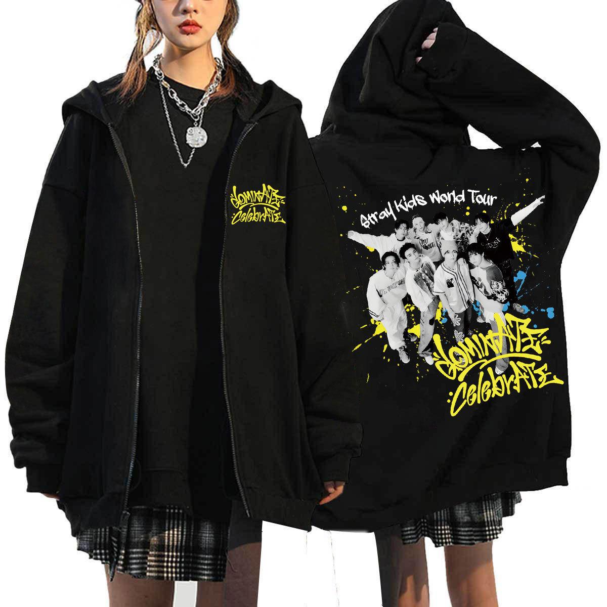 

Stray Kids Доминируй:Празднуйте Мерч Худи с принтом Харадзюку Свободная на молнии XS