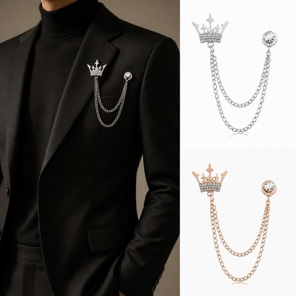 Crystal Decor Brooch Pin Tassel Chain Suit Collar Pin Casual Crown Brooch