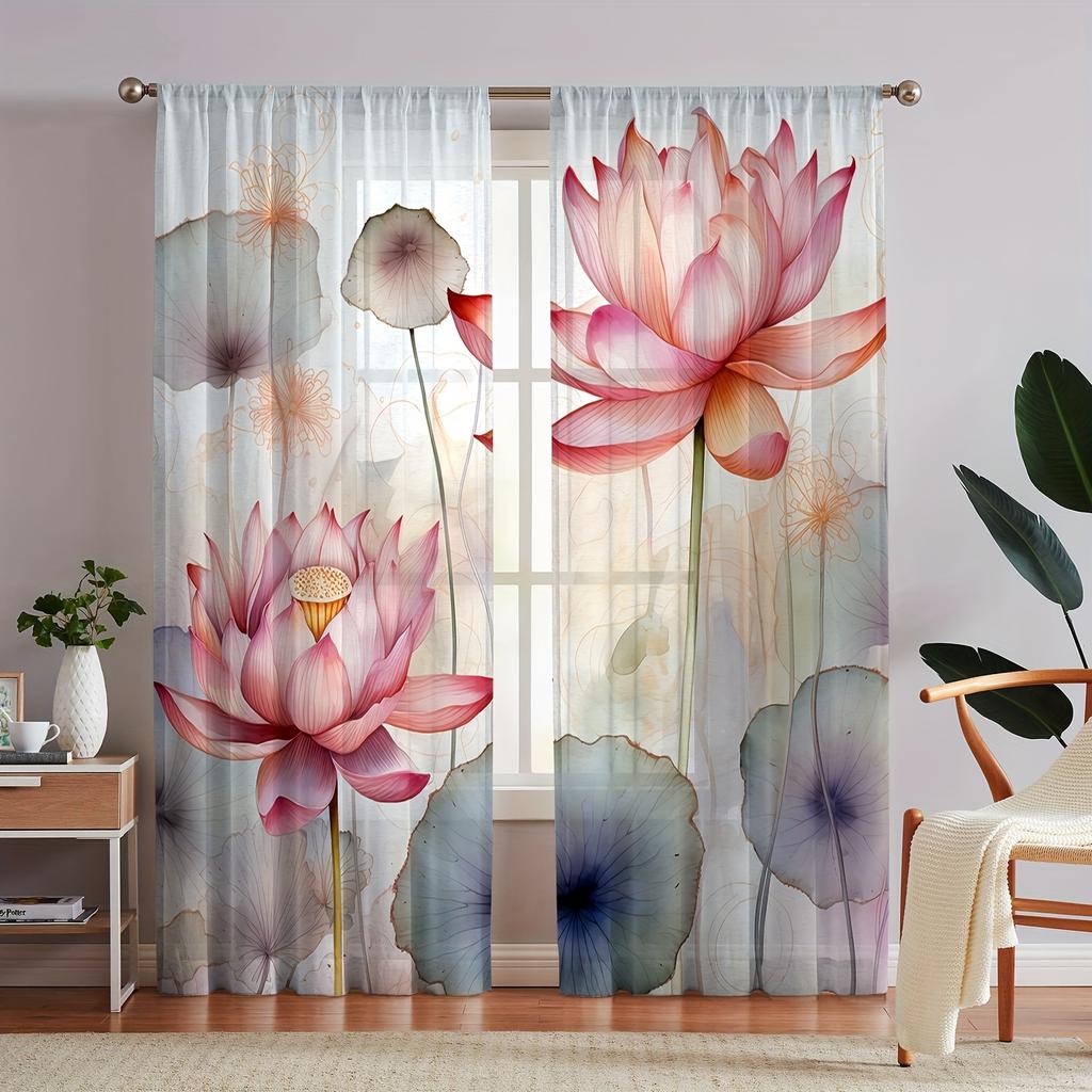 Modern Lotus Sheer Curtains Polyester Bedroom Living Room Kitchen Caf Balcony Garden Semi Set Of 2 Made With Rod Pocket Decor
