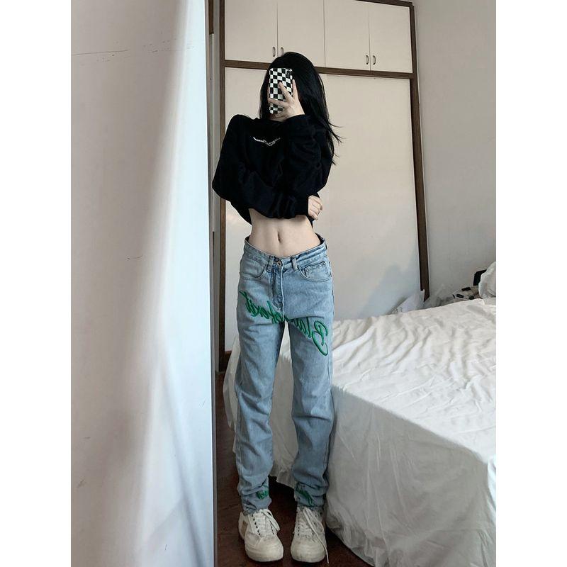 Black of Exit American Street Retro Embroidered Fitted Skinny Jeans for Men and Women Hip-Hop Slimming Long Pants