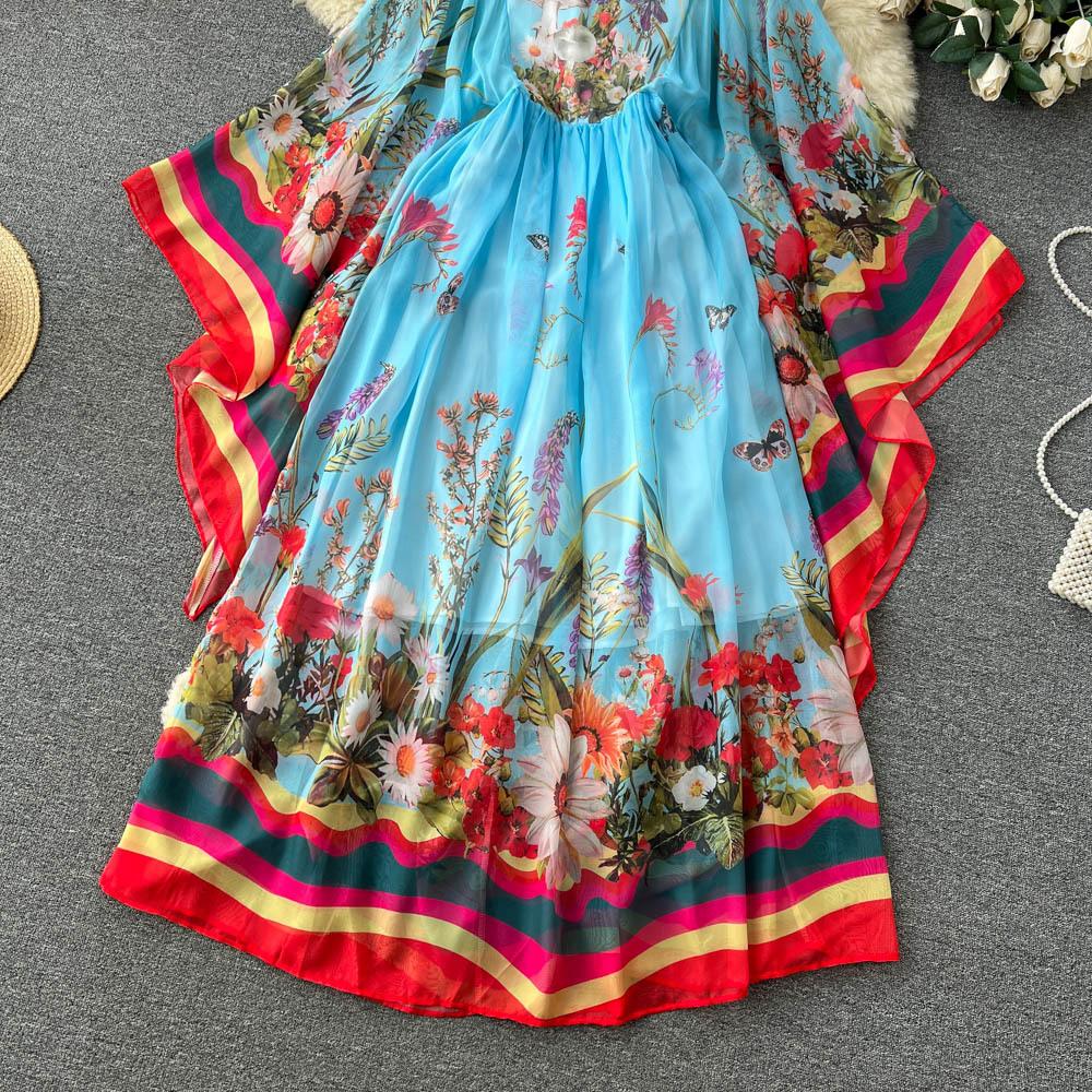 Böhmisches Vintage-Maxikleid für den Sommer, für Damen, O-Ausschnitt, Blumendruck, ausgestellte Ärmel, Chiffon, hohe Taille, lange Kleider