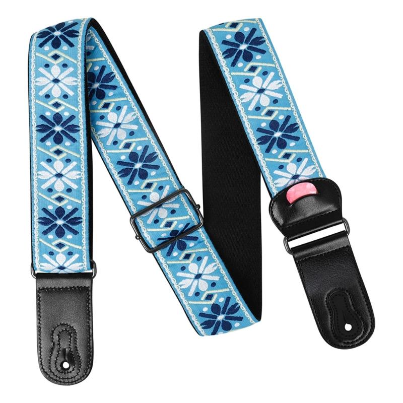 National Style Guitar Strap with Pick Pocket Adjustable Soft Cotton Shoulder Strap Leather Ends Guitar Straps