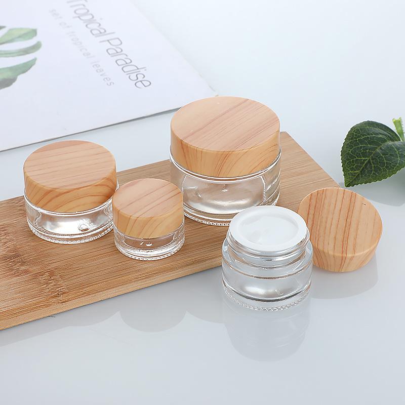 Transparent Glass Cream Jar with Wood Grain Lid for Cosmetics