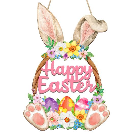 Wooden Easter Door Wreath for Bunny Eggs Porch Front Door Happy Easter Sign for Spring Window