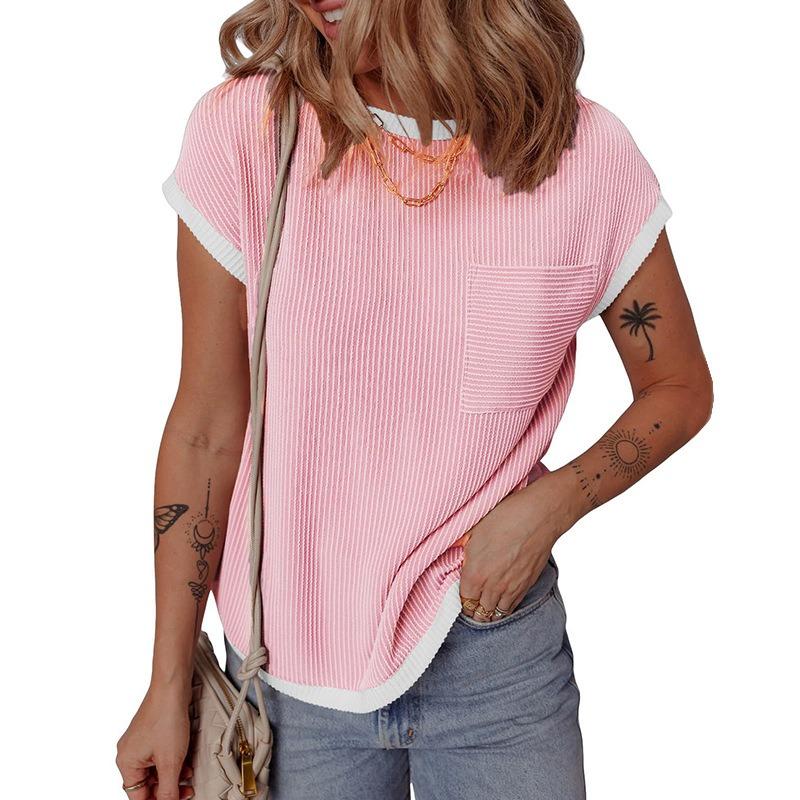 Women Crew Neck Contrast Trim Ribbed T Shirt Short Sleeve Pocket Casual Top