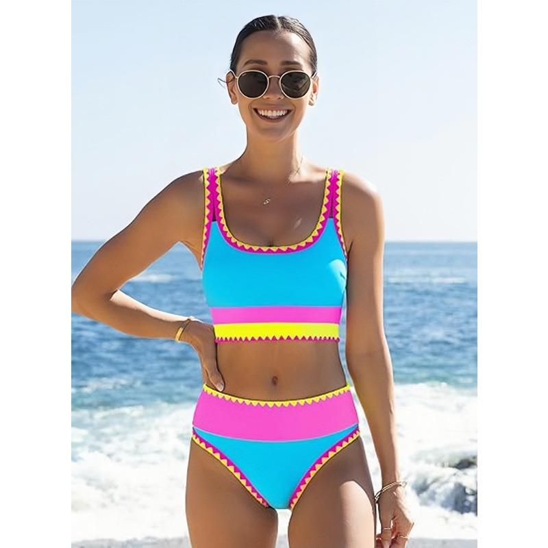 Women High Waist Color Block Three Piece Split Bikini Cover Up Vacation Swimwear