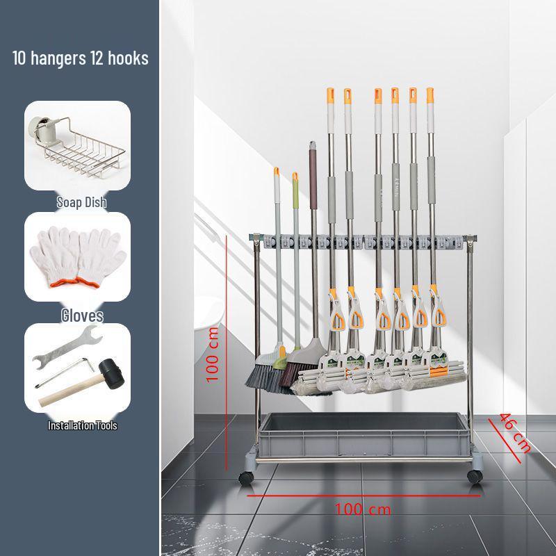 Movable Stainless Steel Mop Storage Rack with Hooks for Floor-Standing Draining in Schools and Factories