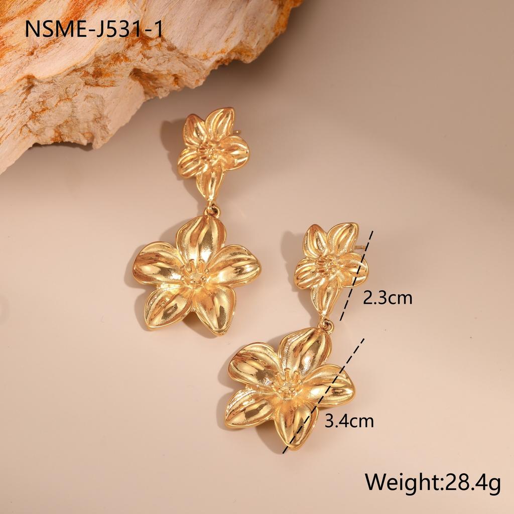 GEMCHIC Women's Gold Flower Necklace Set with Dangle Earrings and Ring, Luxury Titanium Steel Jewelry