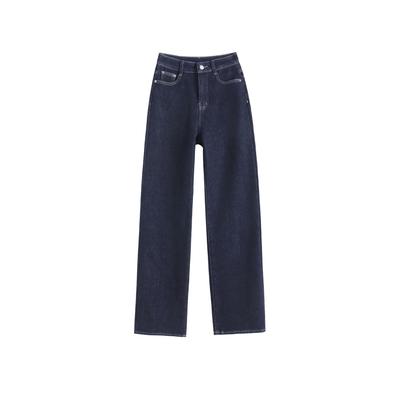 Thickened Velvet-in-the-main Color Denim High-waist Straight-leg Pants Denim Blue Retro Slim Stretch Straight-leg Jeans