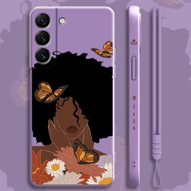 Pretty African Girl Daisy Flower Butterfly Liquid Case For Samsung Galaxy S22 S21 S20 Fe Ultra S10 S9 S8 Plus S10e Note 20 Lite