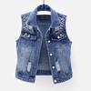 Gilet di jeans da donna senza maniche con perline, risvolto ampio, monopetto, tinta unita, cuciture vintage, robuste, hip hop