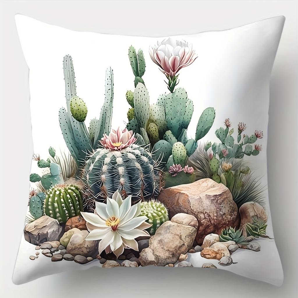 4Pcs Set, Sofa Pillow Case, Cactus Flower Pillow Case, 17.7 Inches * 17.7 Inches, Single-Sided Print, Home Decoration, Sofa Wais