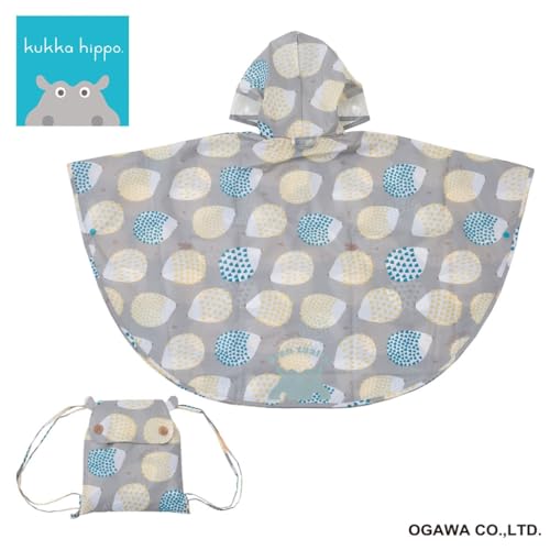 ogawa Kids' Rain Poncho, 90cm, Kukka Hippo Hedgehog Design with Reflective Tape, Hippopotamus-Shaped Backpack with Storage Bag, 83362