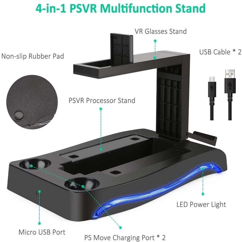 Stojan nabíjecí stanice pro PS4 VR, Dokovací stojan, Nabíjecí stojan, Držák, Multifunkční USB dokovací stanice, Modré světlo, 2 nabíjení pro PS4 VR ovladač