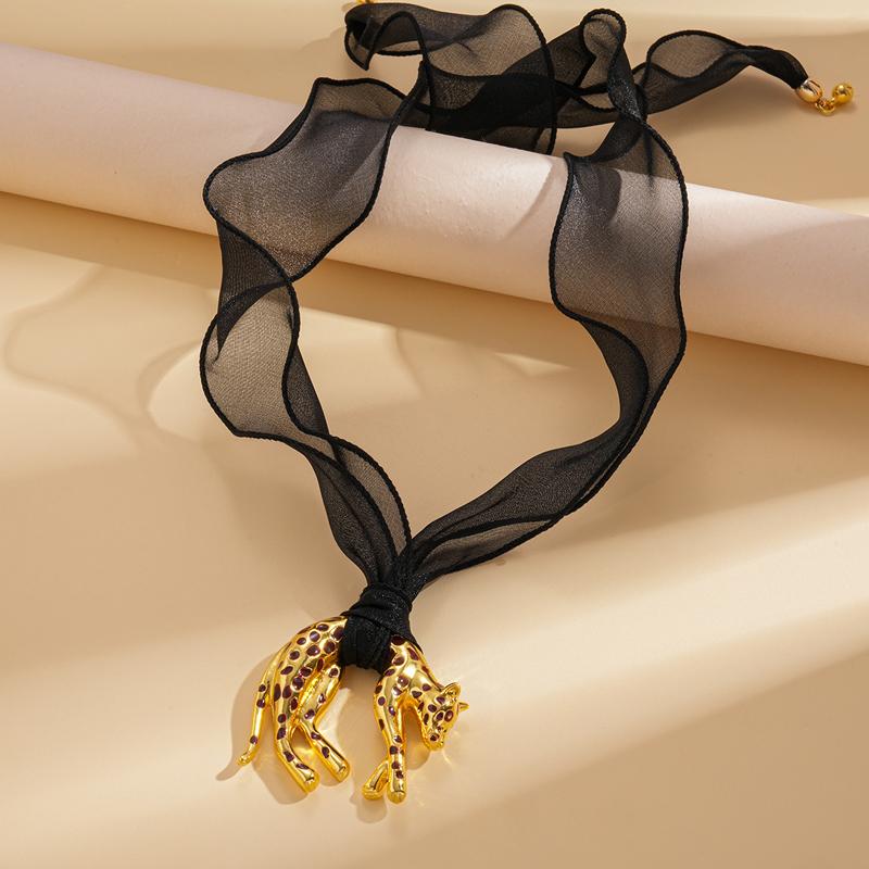 European and American Drip Oil Leopard Pendant Necklace for Women Creative Black Mesh Detachable Clavicle Chain Fashion Jewelry