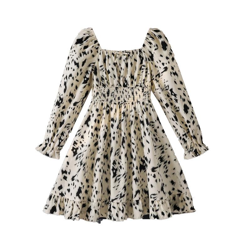 Girls Dress Children's Clothing Autumn New French Elegant Printed Long Sleeve Waist Princess Dress