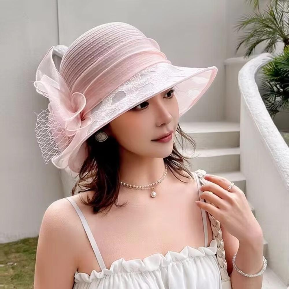 Breathable Bridal Tea Party Wedding Hat Wide Brim Beach Hat Elegant Organza Hat  Summer