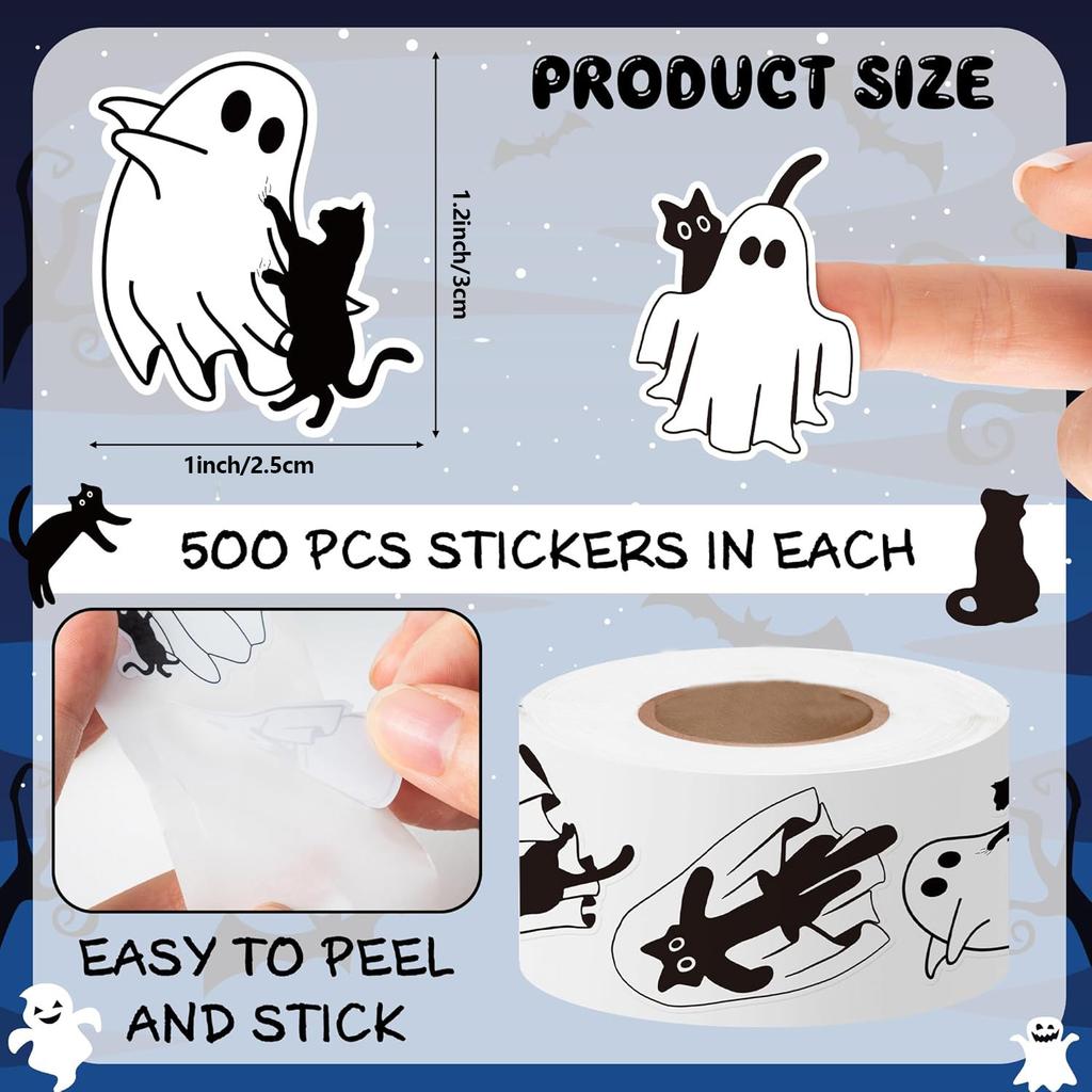 500 Pezzi Rotolo Adesivi Halloween Fantasma Gatto Adesivo Fantasma Gatto Decorativo Decalcomania Artigianato Scrapbooking Chitarra Bottiglia d'Acqua Confezioni Regalo