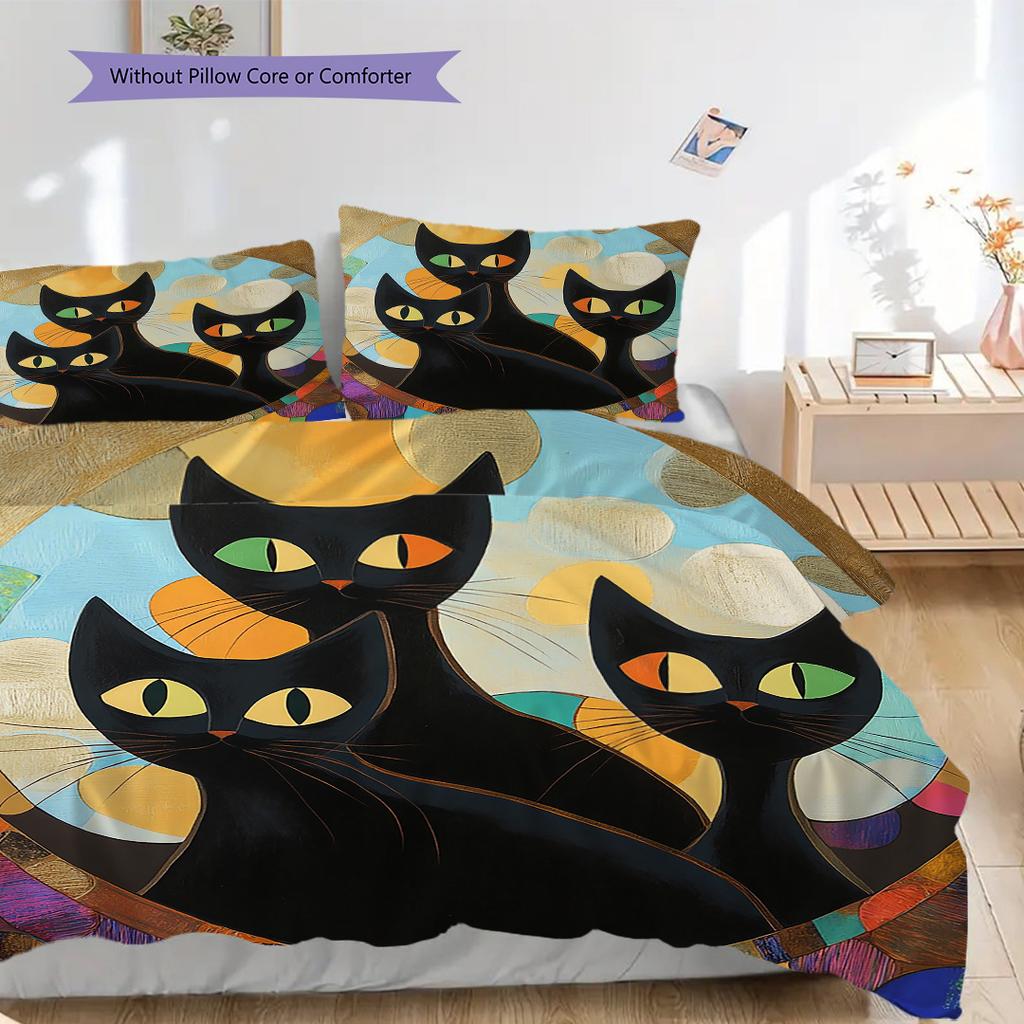 Black Cat Pattern Bedding Quilt Set Quilt Cover Pillowcase Home Decoration Birthday Gift (1 * Duvet Cover + 2 * Pillowcase, Without Core)