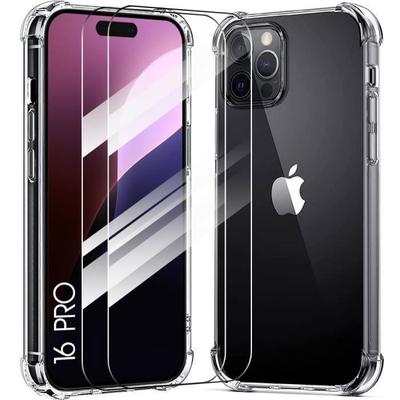 Protective Case - BOOLING - for iPhone 16 Pro - Shockproof TPU - Transparent - 2 Tempered Glasses