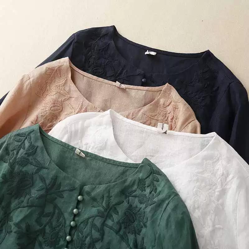 Dámské ležérní bavlněné lněné halenky košile korejská móda s dlouhým rukávem nadměrné topy a halenky výšivka knoflík kulatý výstřih volné blusas