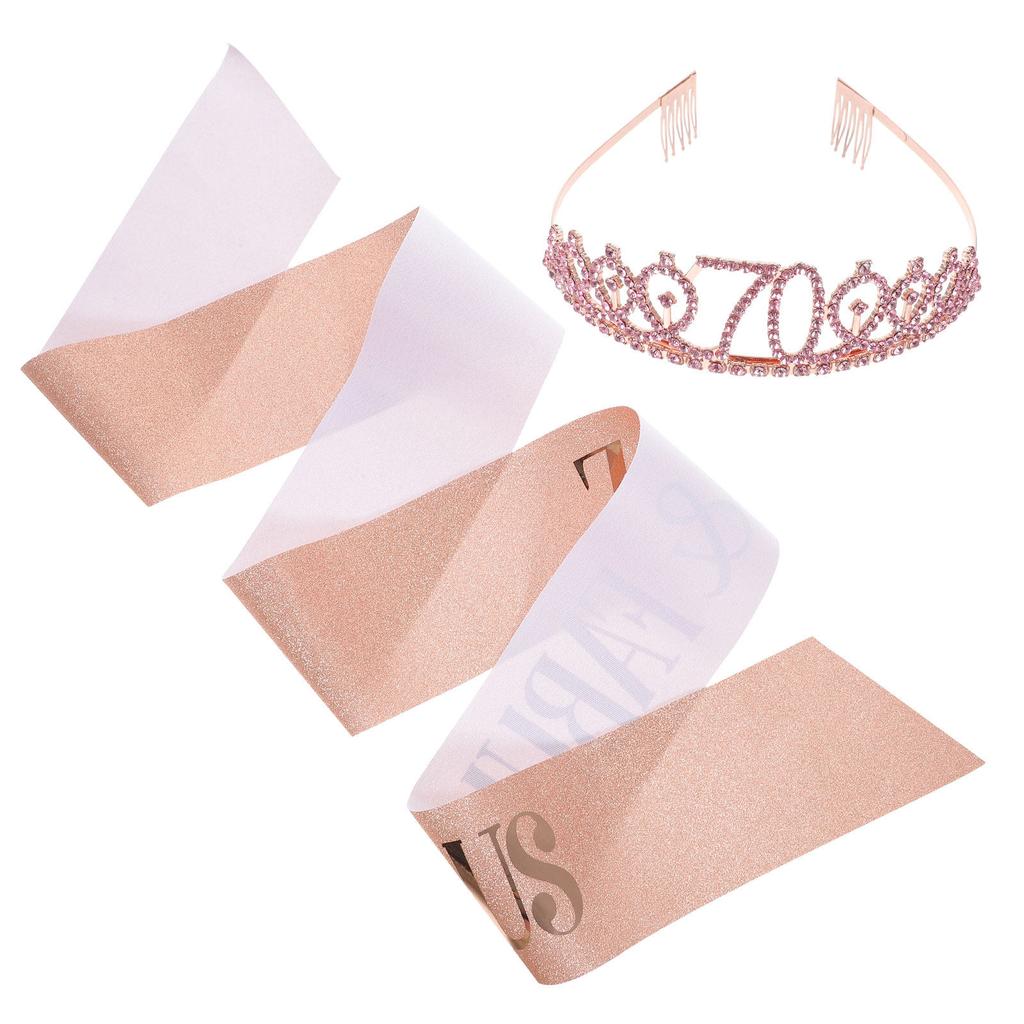 1Set Birthday Tiara Sash Combo for Women 70Th Birthday Celebration Rhinestone Encrusted Crystal Crown Glitter Party Decoration
