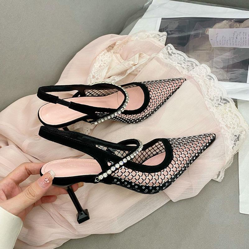 2025 Hollowed-Out Rhinestone High Heels Female Pointy Transparent After Empty Bun Sandals Thin Heel Shoes Female
