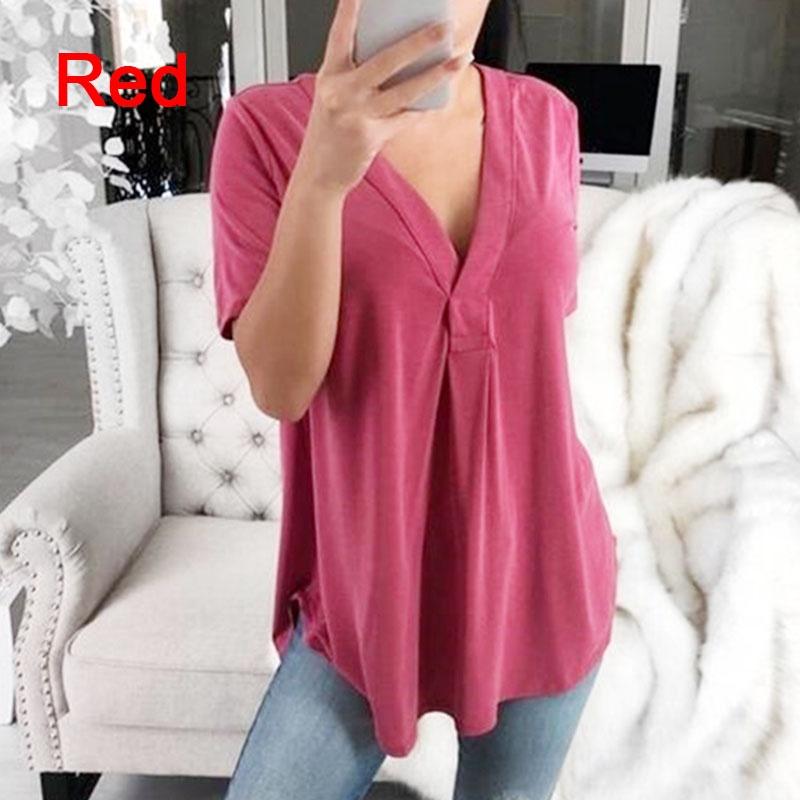 Summer Sexy Women Fashion Casual Loose Tops Casual T-Shirt Summer V-Neck Solid Color Plus Size Short Sleeve Blouse