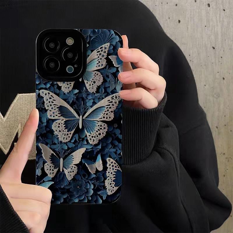 Luxus Retro Senior Blau Schmetterling Silikon Handyhülle für iPhone 14 12 11 13 15 Pro Max Mini X XR XS 7 8 Plus Stoßfeste Hülle