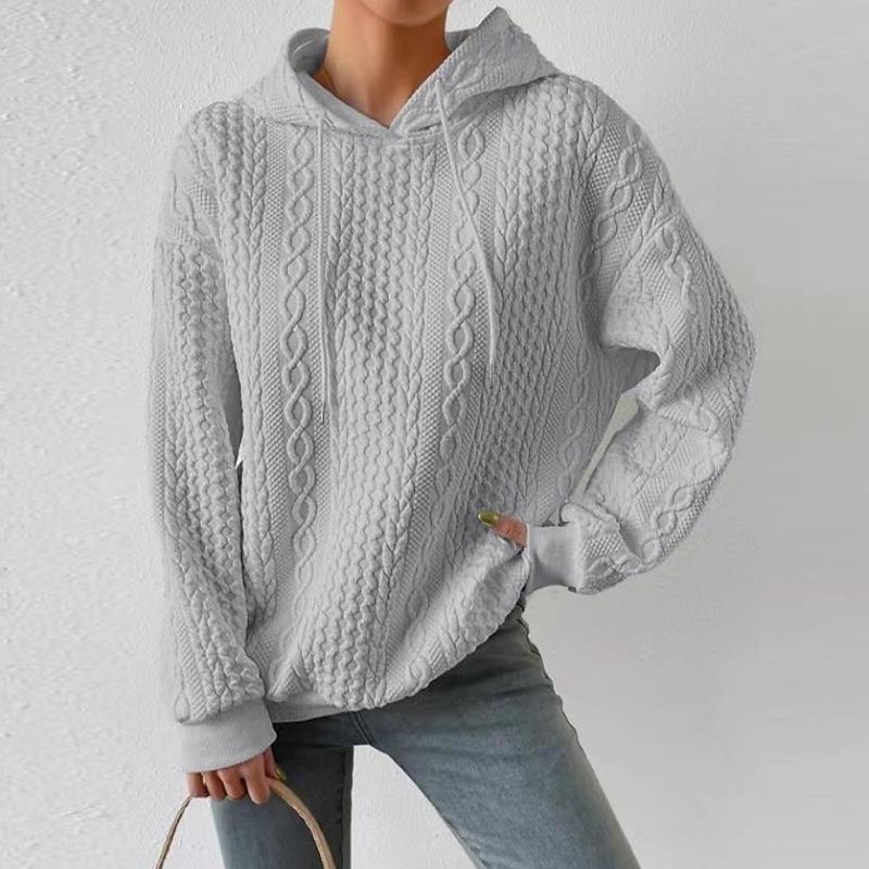 Waffle Casual Style Solid Color Loose Jacquard Lace-up Hooded Long-sleeved Sweater