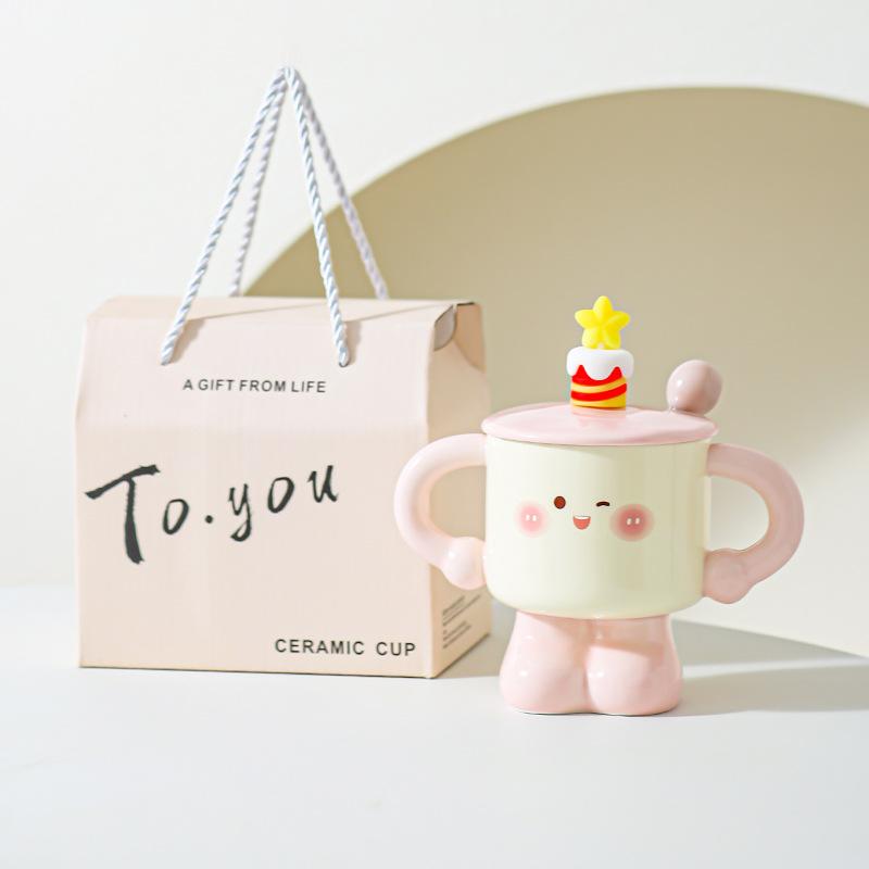 Creative Ceramic Cup with Lid Spoon Mug Small Cute Cup for Girls and Boys Gift Birthday Gift Milk Cup