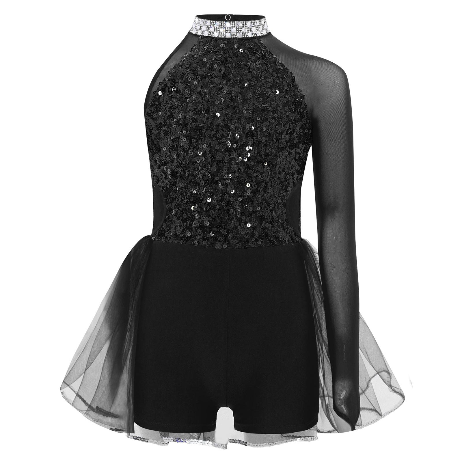 

Girls Dance Performance Jumpsuit Sparkly Sequins Bodice Tulle Skirted Leotard Keyhole Back Cutout Waist Asymmetrical Design 5-6 Years чорний
