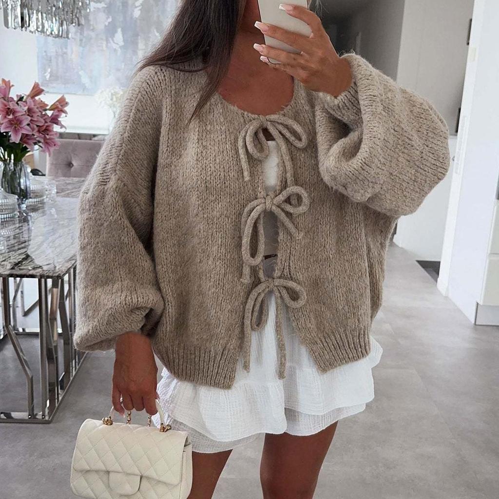 Damen-Strickjacke mit Rundhalsausschnitt, langen Ärmeln und Schnürung