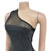 Mode Damen Kleid Eine Schulter Mesh Diamant Feder Bandage Kleider