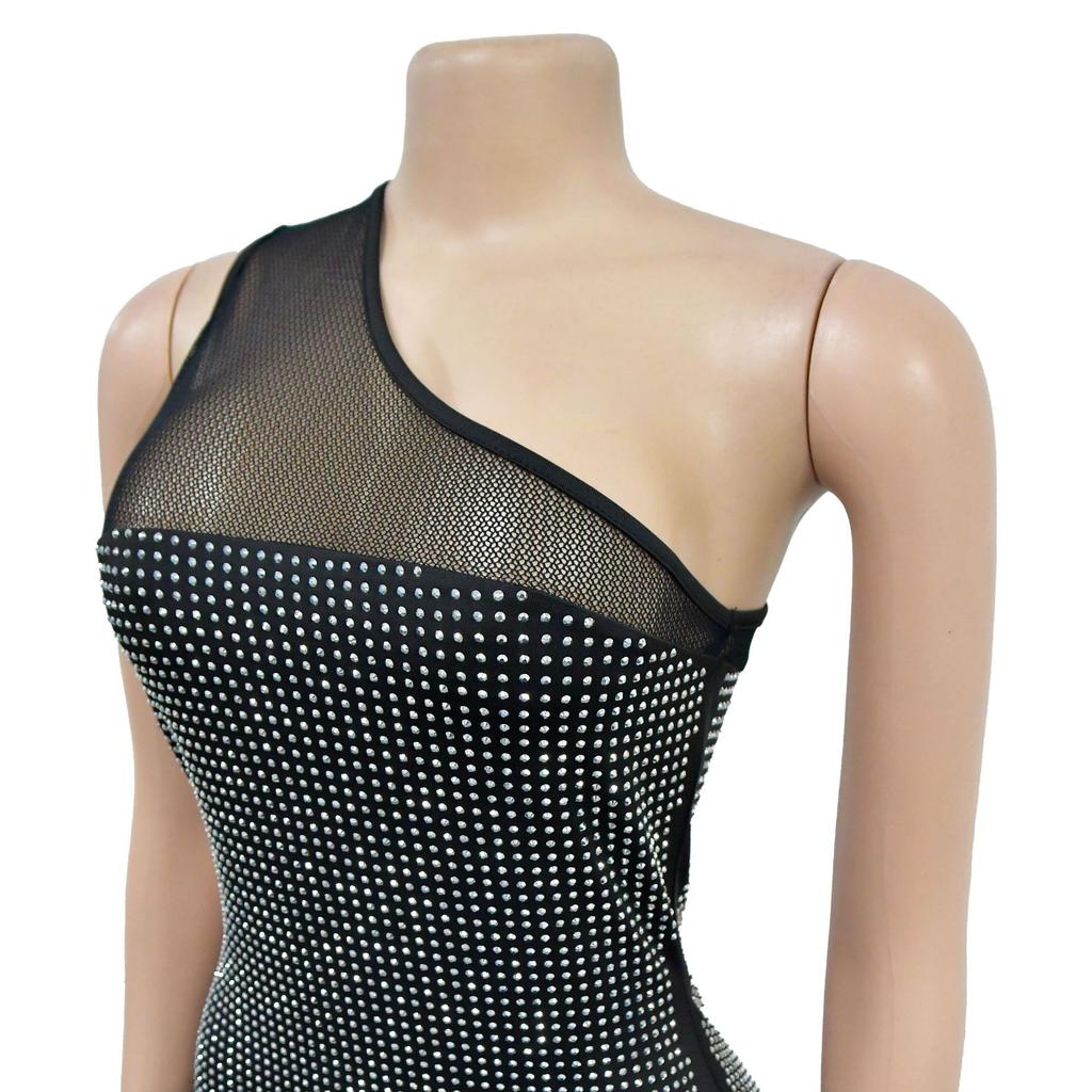 Mode Damen Kleid Eine Schulter Mesh Diamant Feder Bandage Kleider