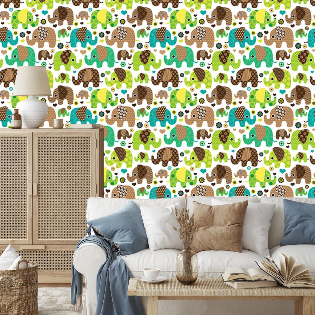Wallpaper Elephants Animals Flowers Hearts for Living Room and Bedroom 50x1000