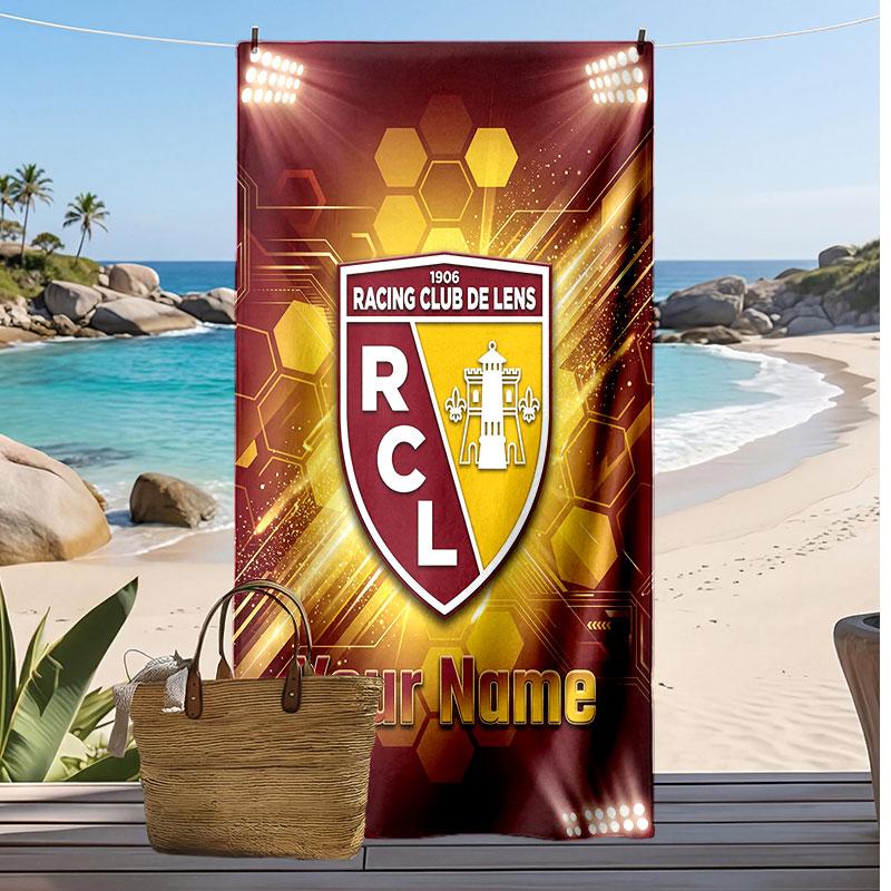 Racing club de lens Telo da Spiaggia Stampato Personalizzato Logo Calcio Supporto Nome Personalizzato Testo Asciugamano Assorbente Per Sport Viaggio Regalo Speciale