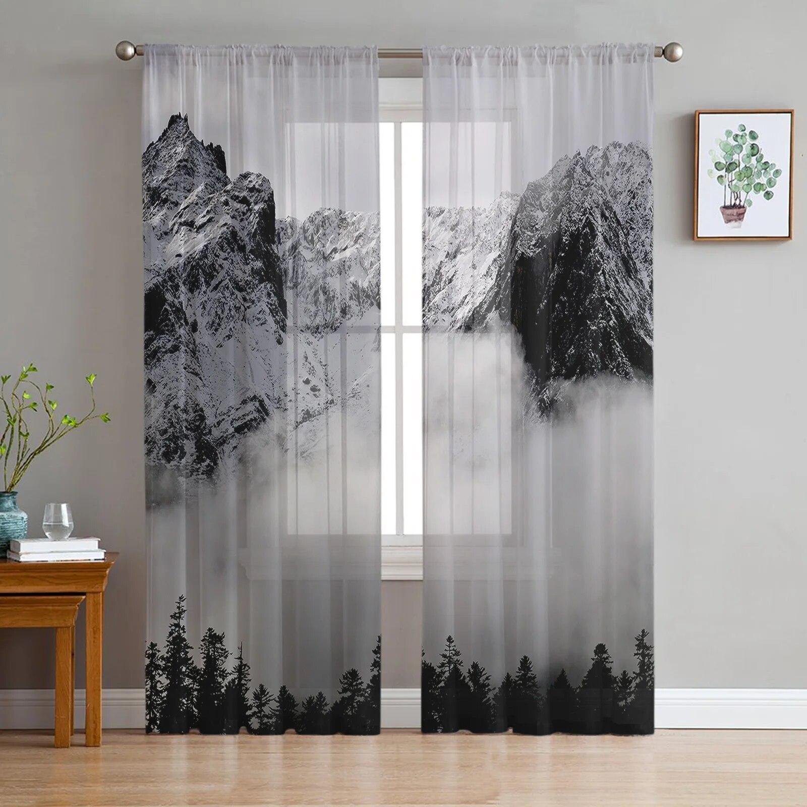 Lakeside Forest Mountain Tule Gordijn Home Kantoor Raamdecoratie Slaapkamer Keuken Balkon Modern Transparant Gordijn 135W x 114H(cm)