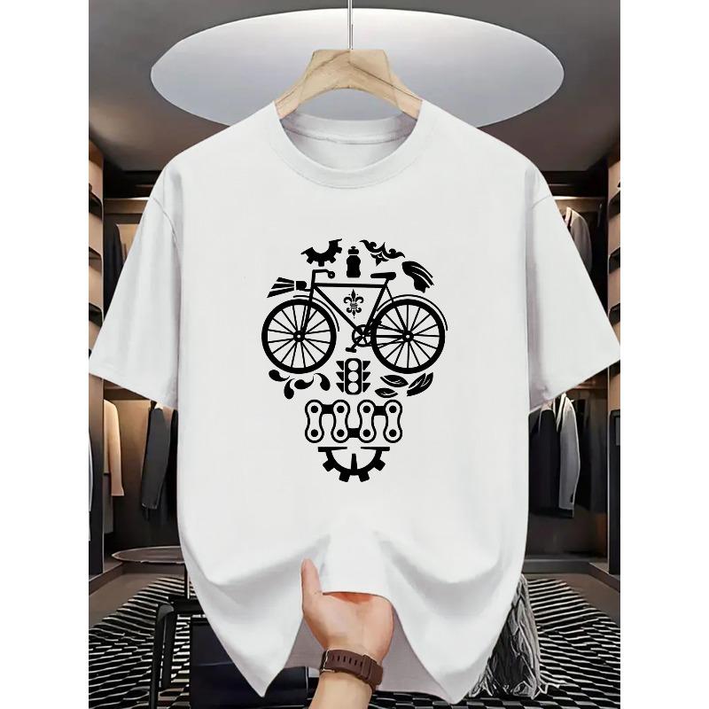 European sizes Bike-Themed T-Shirt with Bicycle Parts & Skull Print - Short Sleeve Casual Round Neck Summer Top