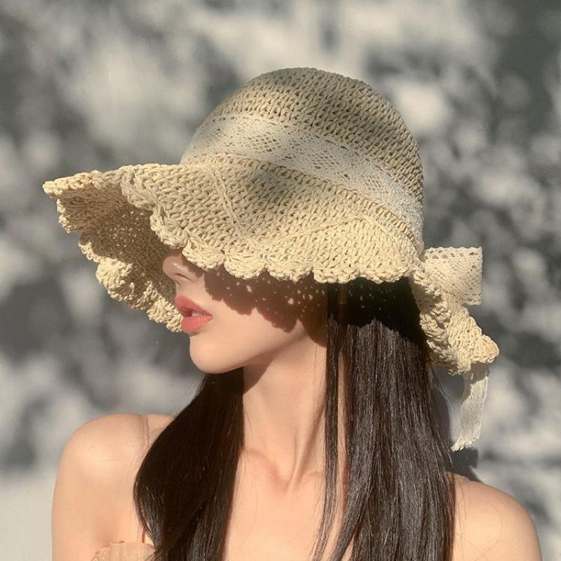 Handwoven bow hat women's summer outdoor Sanya seaside beach sunshade sunscreen big eaves bucket hat