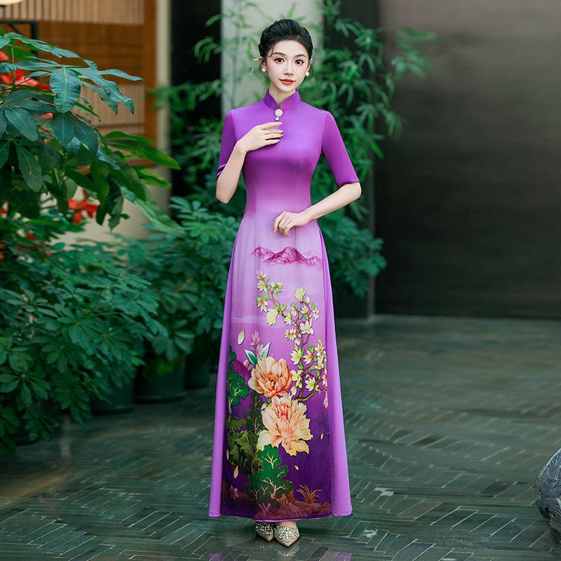 2025 Summer Blue Ao Dai-Inspired High-End Cheongsam Dress for Runway and Evening Wear