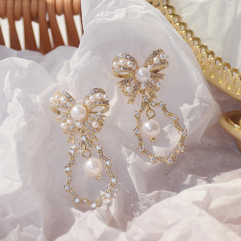 Koreańska Biżuteria Modowa Miedź Platerowana Prawdziwym Złotem 14K Inkrustowana Cyrkoniami AAA Kolczyki Elegancka Kokarda Damskie Kolczyki Ślubne